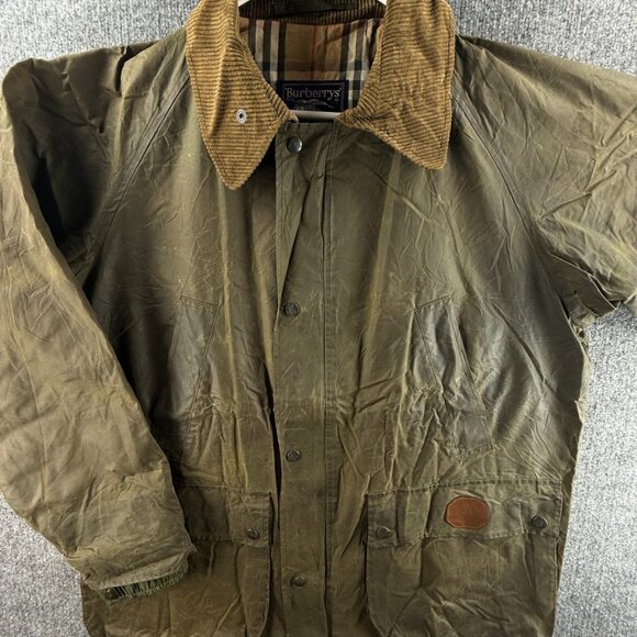 VTG Burberry Waxed Canvas Jacket Green Full Zip Snap England Cargo Pockets Men - Picture 1 of 16